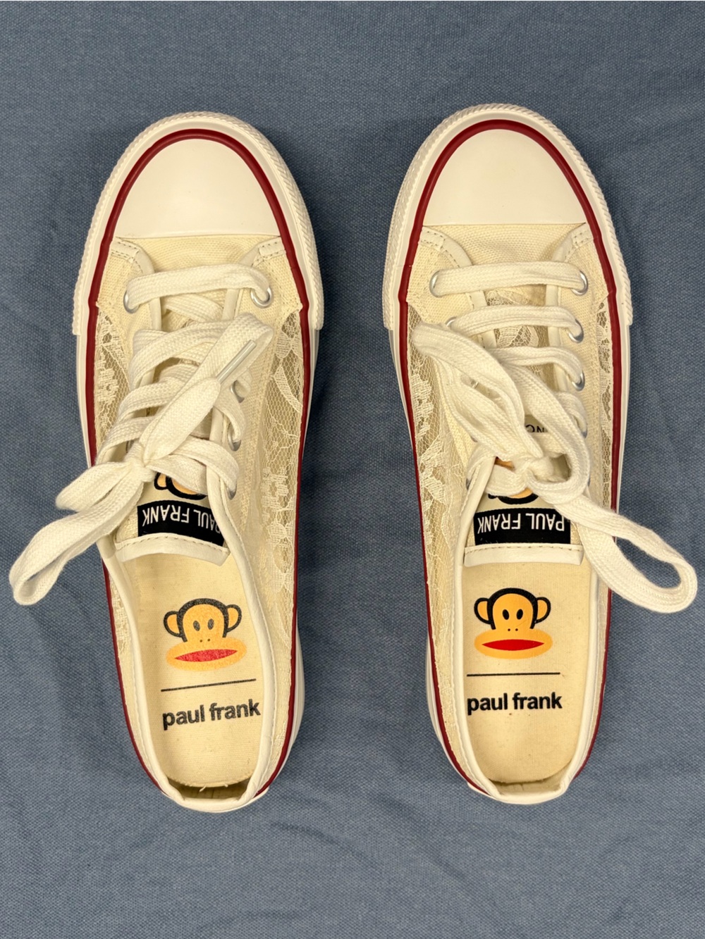 Y2K Paul Frank Kids Off White Canvas Slip On Sneakers with Red Stripe